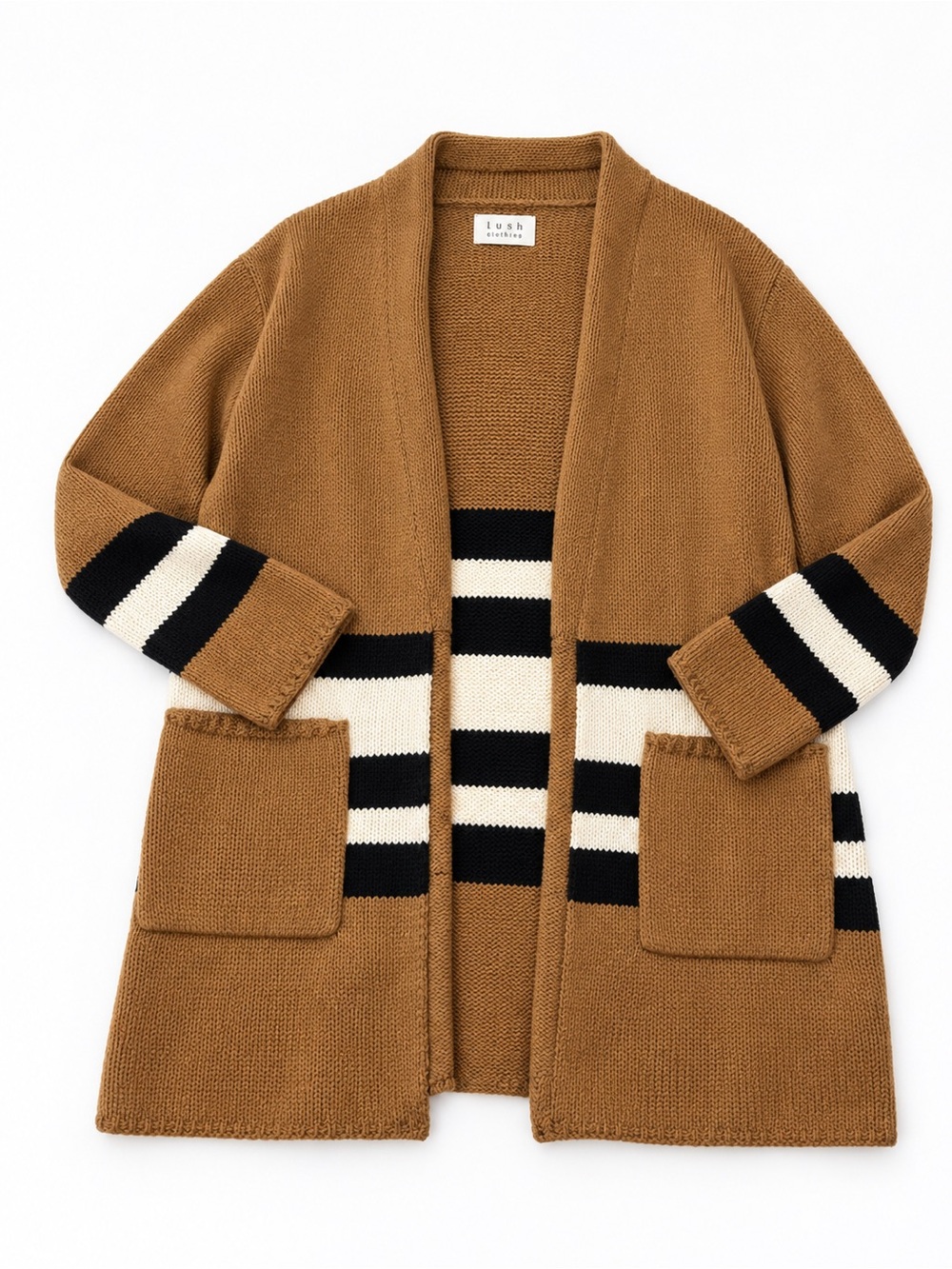 Lost + Wander Camel and Black Striped Open Cardigan